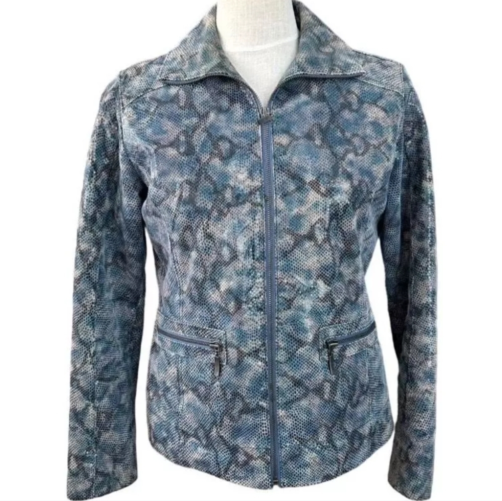 Chicos leather blue snakeskin print  moto jacket women size 1.5
